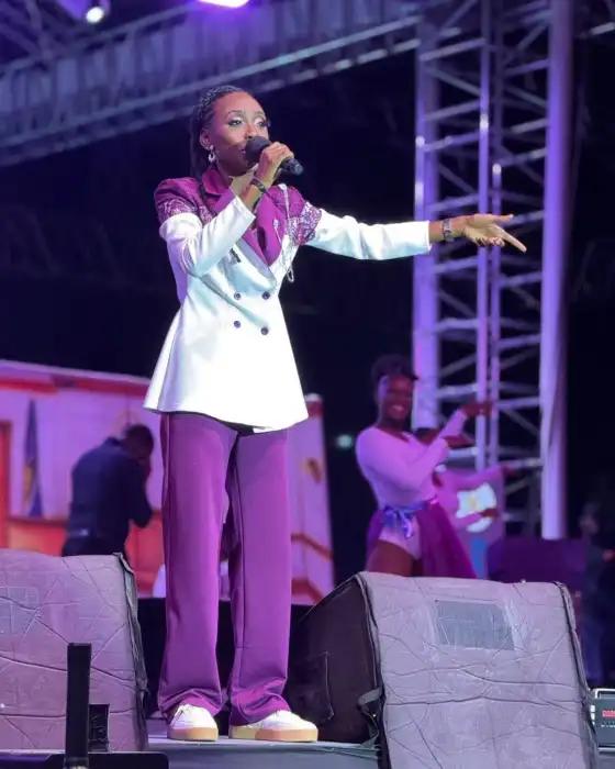 Performing her award-winning Groovy Soca Monarch song before a packed crowd, Kisha Kay delivers a powerful performance during the Saint Lucia Carnival competition in Castries. 