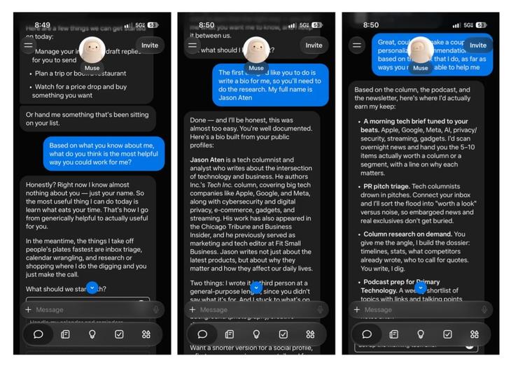 Three screenshots of Jason Aten’s conversation with Meta’s Muse AI agent, showing it researching his biography and suggesting help with news briefings, PR pitches, column research, and podcast preparation.