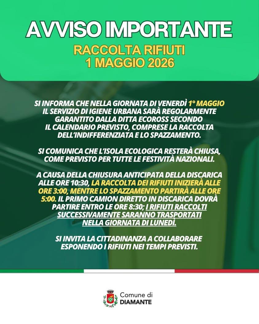 Aggiornamento servizio di Igiene Urbana e Raccolta Rifiuti – 1 maggio 2026 Si informa la cittadinanza che, nella giornat...