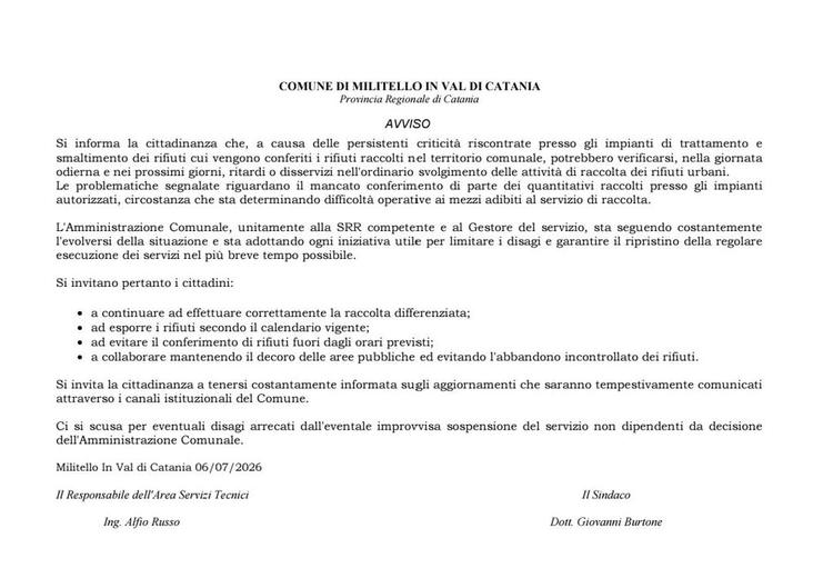 Si informa la cittadinanza che, a causa delle persistenti criticità riscontrate presso gli impianti di trattamento e sma...