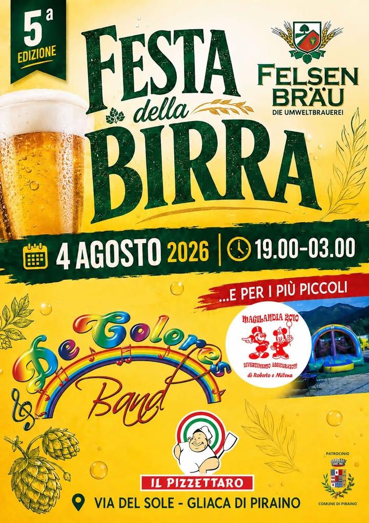 🍻 Festa della birra 🍻 🗓️ 4 agosto 2026 🕖 a partire dalle ore 19:00 📍Via del Sole - Pizzettaro