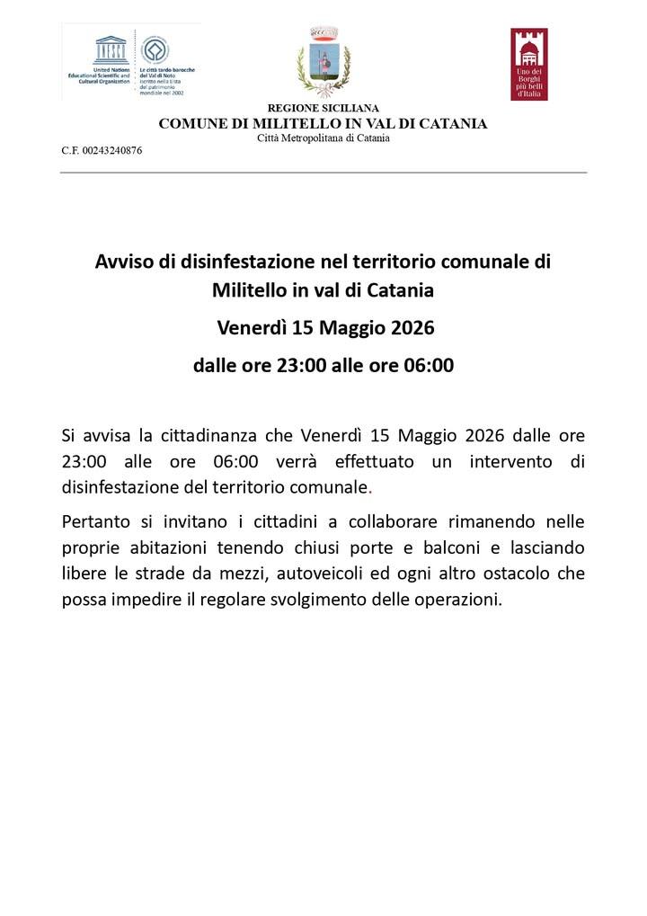 Avviso di disinfestazione nel territorio comunale di Militello In Val di Catania Venerdì 15 Maggio 2026 dalle ore 23:00...