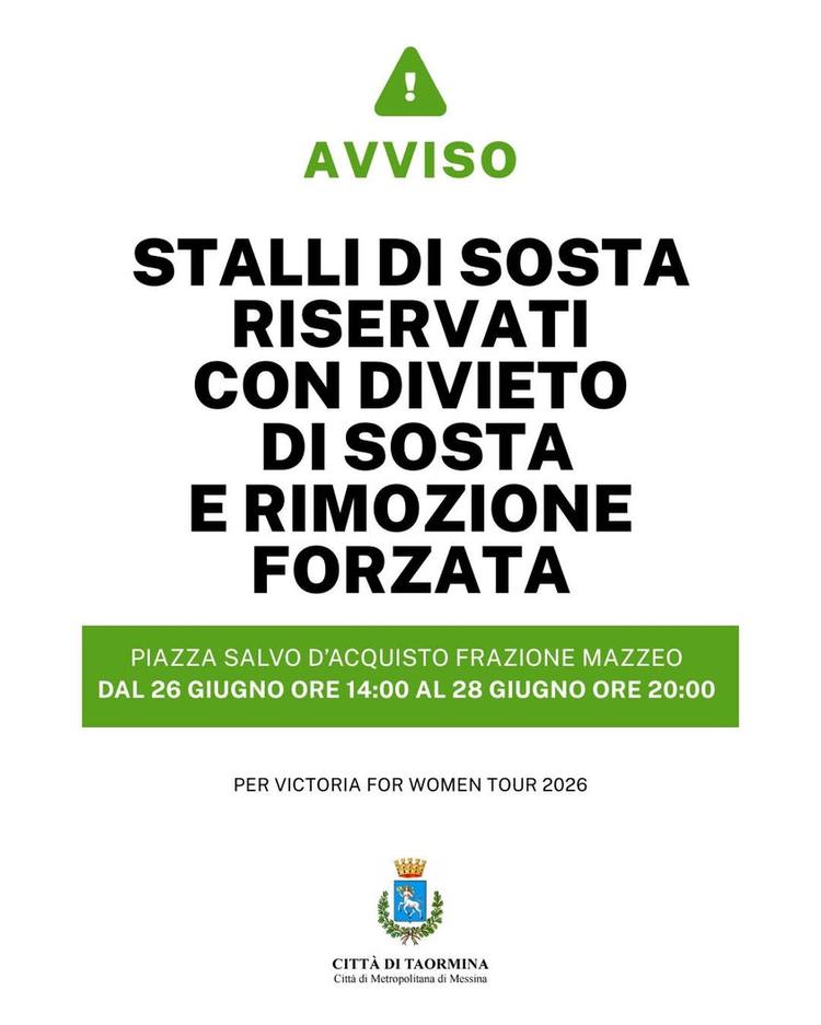 🚗 Stalli di sosta riservati in Piazza Salvo D’Acquisto a Mazzeo In occasione della manifestazione “Victoria for Women T...