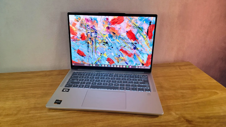 the lenovo chromebook plus 14 on a desk