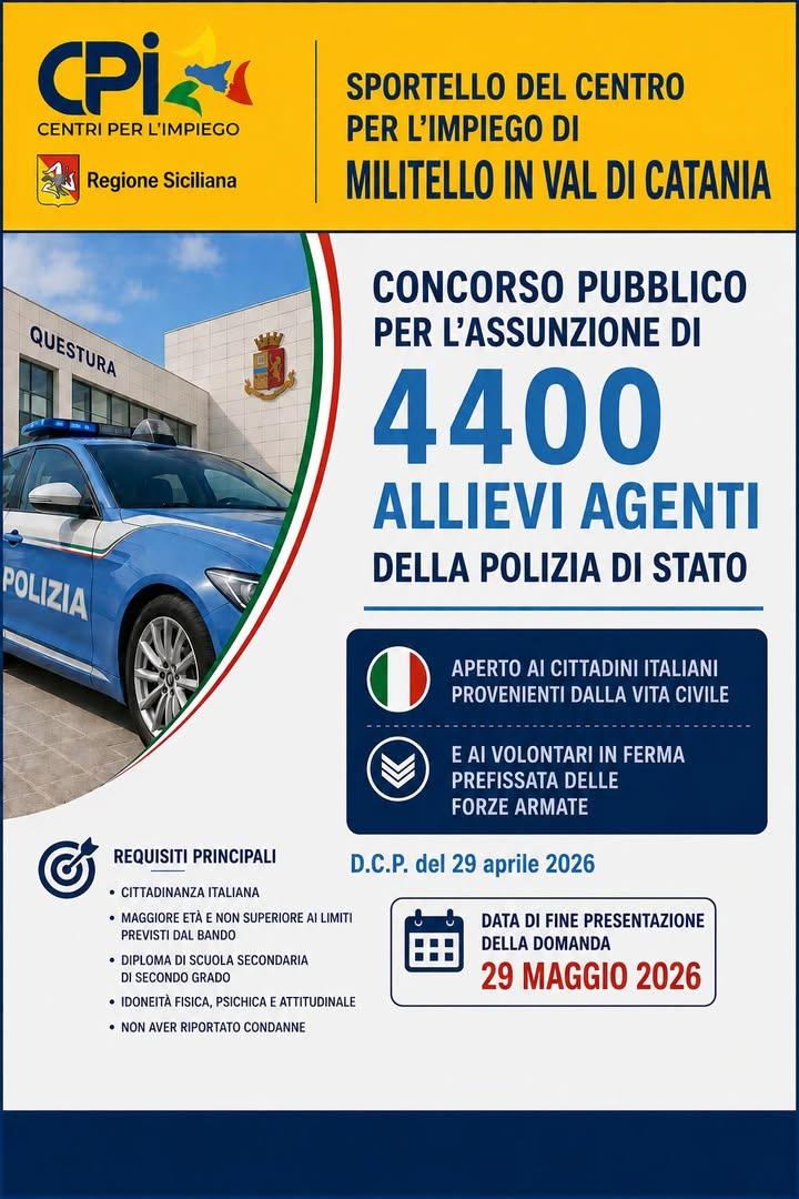 Per tutte le info e candidature cliccare il seguente link: https://concorsionline.poliziadistato.it/#/concorsi
