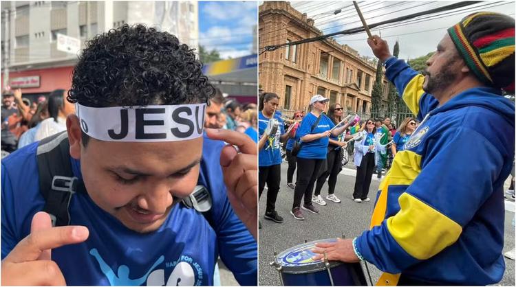 Faixa de cabeça '100% Jesus' domina Marcha, que tem escola de samba, estrelas do gospel e grupo de surdos com intérprete de Libras