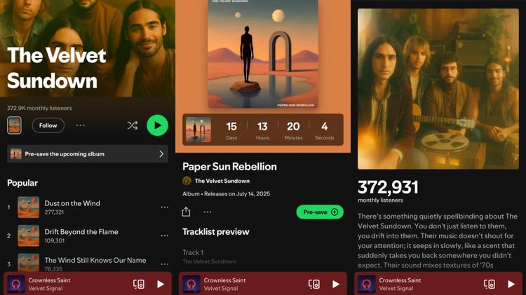 Collage of the Velvet Sundown’s Spotify profile showing promotional band images, 372,931 monthly listeners, and the album “Paper Sun Rebellion.”