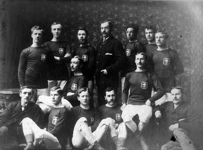 Andrew Watson, back row, third from right with the Glasgow Select Team in 1880. Other members of the team include (standing L-R) George Gillespie, John Campbell, Sandy Kennedy, Donald Hamilton (SFA President), Andrew Watson, John Phillips, James Watson; (on chairs L-R) Charles Campbell, Moses McNeil; (sitting L-R) Robert Alexander, Eadie Fraser, James McAdam, William Dunlop, Peter McNeil (SFA treasurer). (Scottish Football Museum collection image)