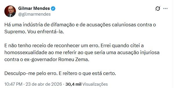 Gilmar Mendes diz que errou ao citar homossexualidade em críticas a Zema