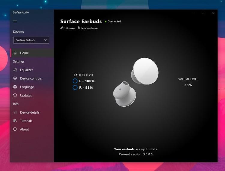 surface audio earbuds app window
