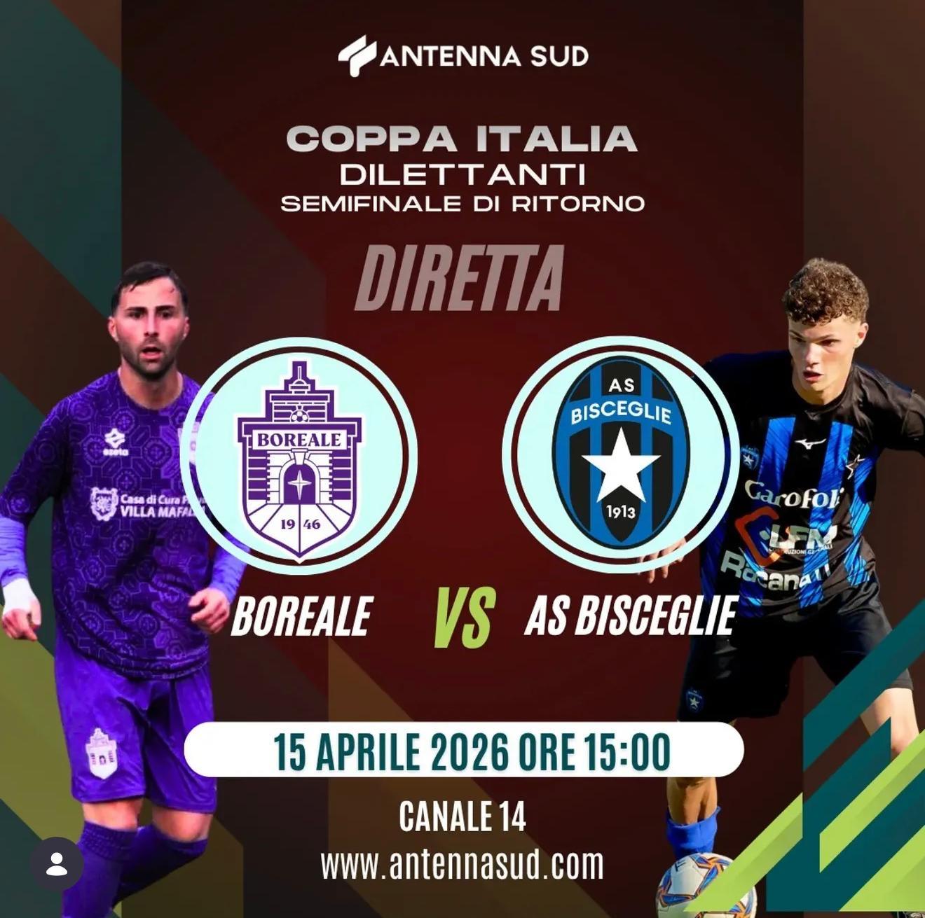 Coppa Italia Dilettanti, Boreale-Bisceglie in diretta su Antenna Sud