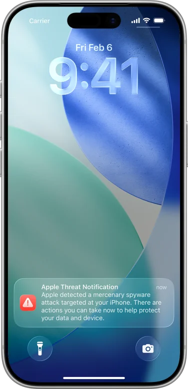 An iPhone lock screen with an alert banner across the bottom labeled 