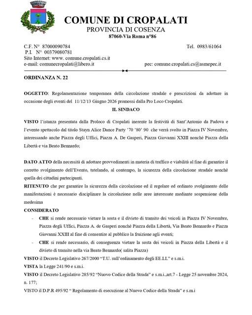 Regolamentazione temporanea della circolazione stradale e prescrizioni da adottare in occasione degli eventi del  11 - 1...