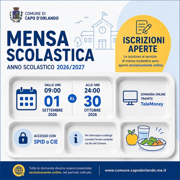 Servizio mensa scolastica: aperte le iscrizioni per l’anno scolastico 2026/2027 Le domande dovranno essere presentate es...