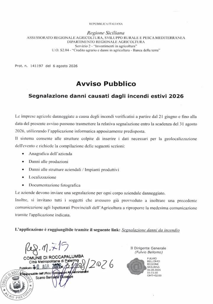 🌾 SEGNALAZIONE DANNI DA INCENDI – AGRICOLTURA La Regione Siciliana ha pubblicato l’Avviso per la segnalazione dei danni...