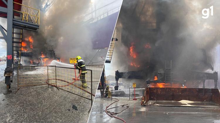 Incêndio de grandes proporções atinge guindaste e paralisa operações no Porto de Rio Grande
