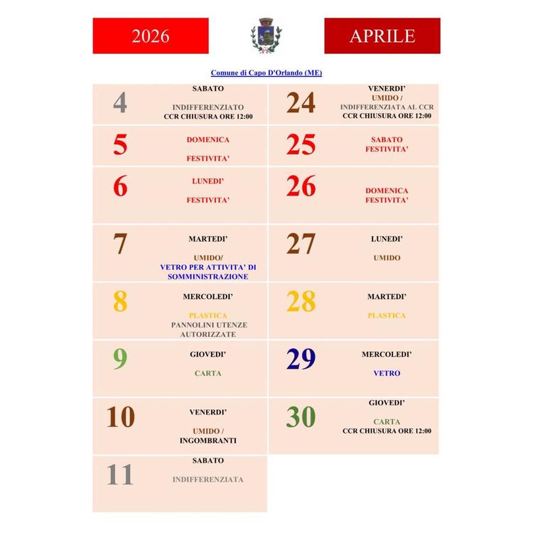 Si informa la cittadinanza che, in occasione delle festività di Pasqua, del 25 aprile e del 1° maggio 2026, il calendari...