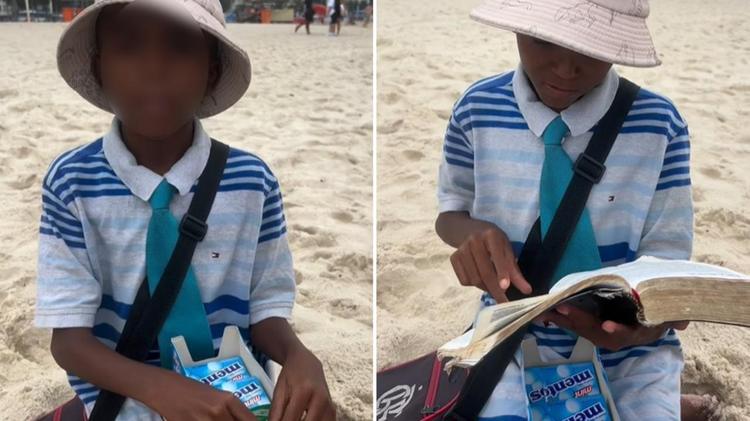 Menino de 10 anos emociona ao pregar na praia enquanto vende balas: “Jesus quer te salvar”
