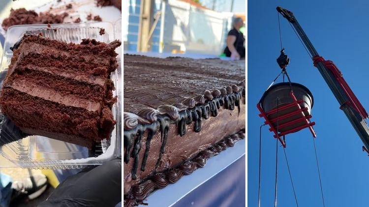 Confeiteira do Paraná faz bolo gigante de 2 toneladas e despeja 600 litros de calda com ajuda de mangueiras, caixa d'água e guindaste