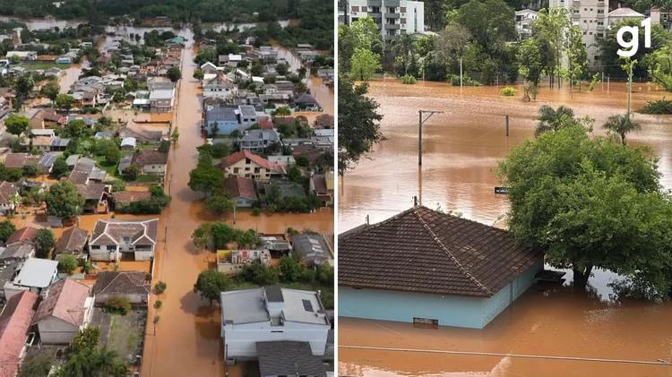 Casa fica quase toda embaixo d'água e moradores precisam ser resgatados de barco; veja FOTOS E VÍDEOS das inundações no RS