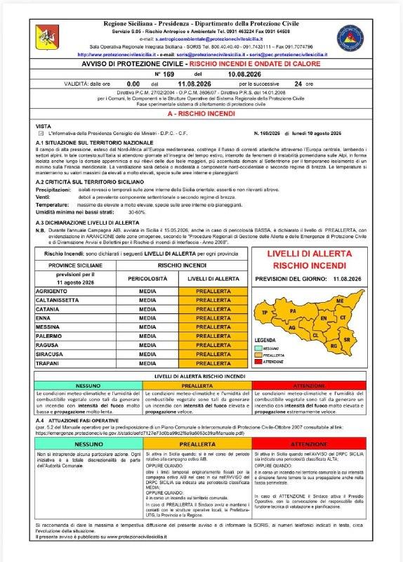Martedi 11.08.2026. Pericolosità incendi MEDIA su tutte le province , con dichiarato LIVELLO DI PREALLERTA RISCHIO INCEN...