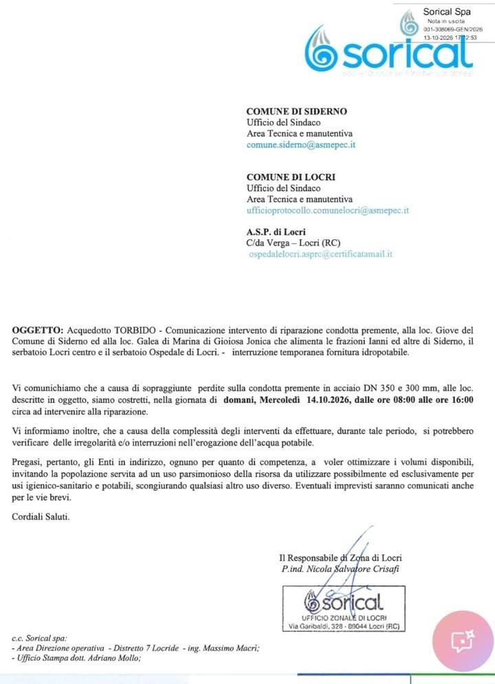 🔴 COMUNICAZIONE Sorical per mercoledi 14 ottobre