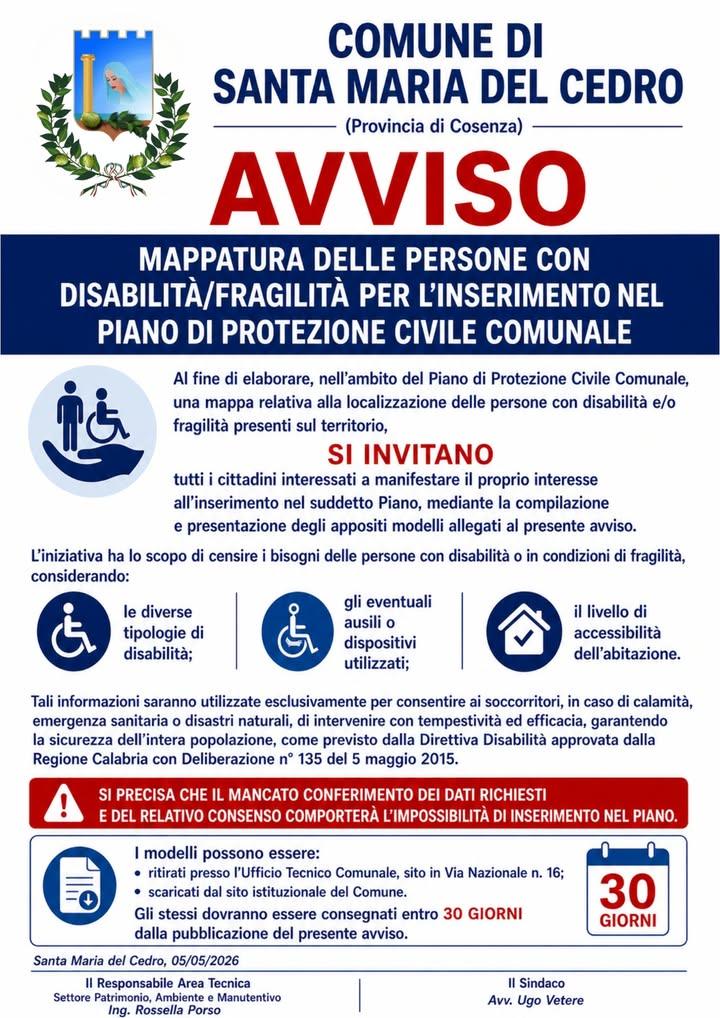 ++ AVVISO ALLA CITTADINANZA 05/05/2026 ++ Mappatura delle persone con disabilità o fragilità per il Piano di Protezione...
