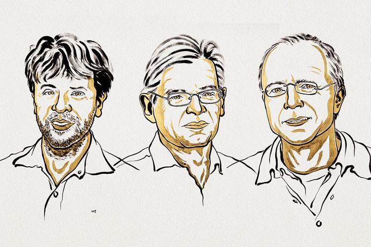 (Above): (L-r) Illustrations of Karl Deisseroth, Peter Hegemann, and Georg Nagel. (IMAGE: Niklas Elmehed/Nobel Prize Outreach)