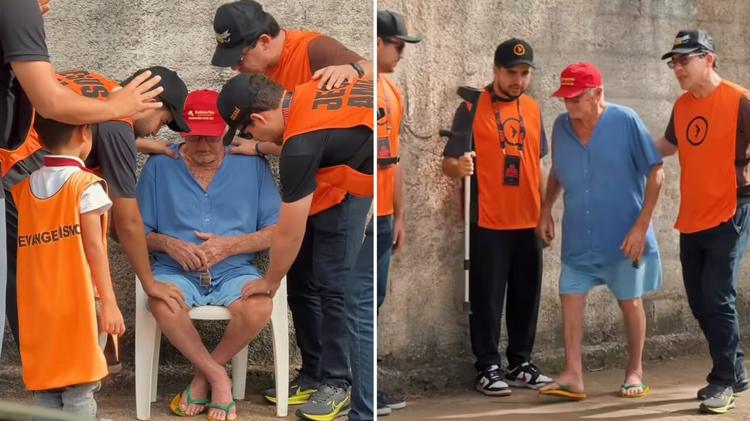 Idoso abandona muletas após ser curado e aceita Jesus em evangelismo de rua