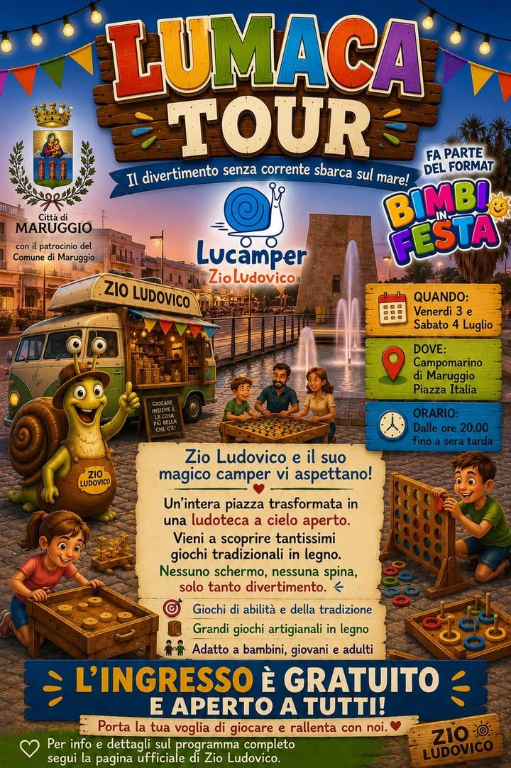 🐌 Arriva il "Lumaca Tour" a Campomarino di Maruggio! 🎉 Venerdì 3 e sabato 4 luglio, dalle ore 20:00, Piazza Italia si...