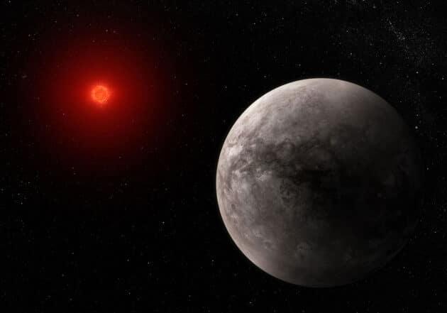 Künstlerische Darstellung des Exoplaneten „TRAPPIST-1 b“ vor dem Hintergrund seines Muttersterns „TRAPPIST-1“ (Illu).Copyright: NASA, ESA, CSA, J. Olmsted (STScI), T. P. Greene (NASA Ames), T. Bell (BAERI), E. Ducrot (CEA), P. Lagage (CEA)