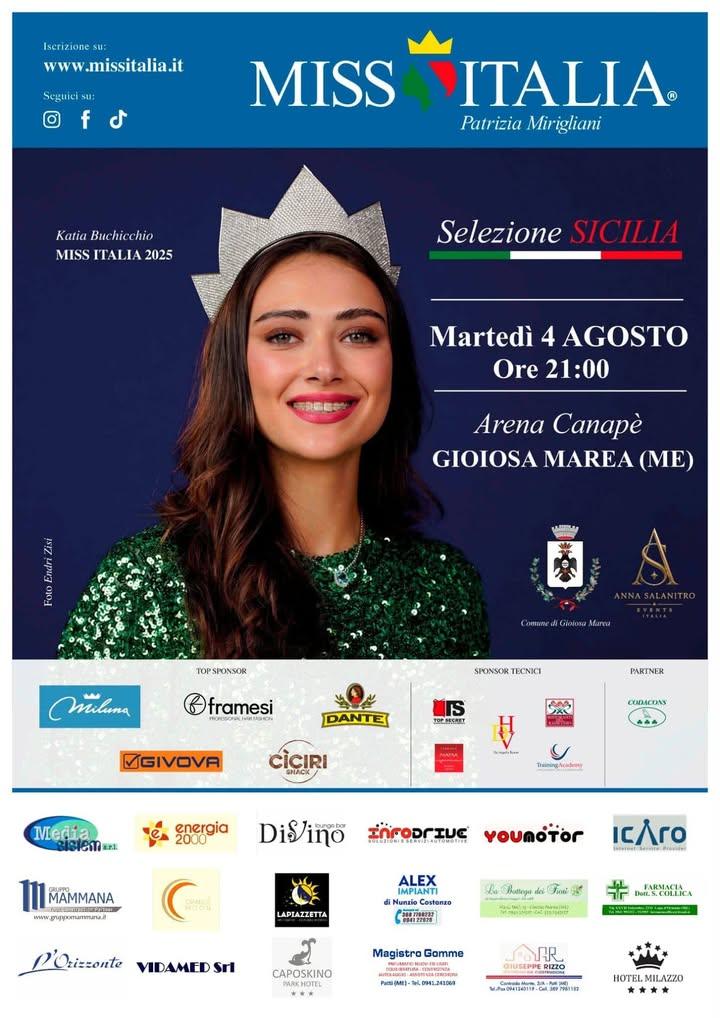 ✨ Miss Italia fa tappa a Gioiosa Marea! 👑🇮🇹 Martedì 4 agosto, l’Arena Canapè si accende con il fascino, l’eleganza e...