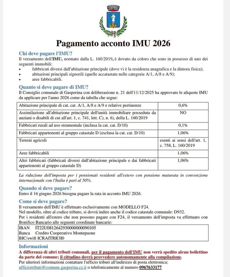 #ComuneGasperina ACCONTO IMU 2026 Guida pratica Scade martedì 16 giugno 2026.