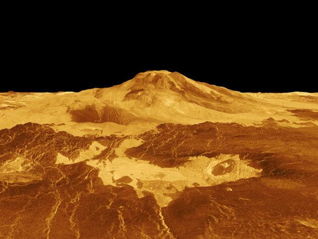 Computergeneriertes Geländemodell des Venus-Vulkans Maat Mons anhand der Magellan-Daten.Copyright: NASA/JPL