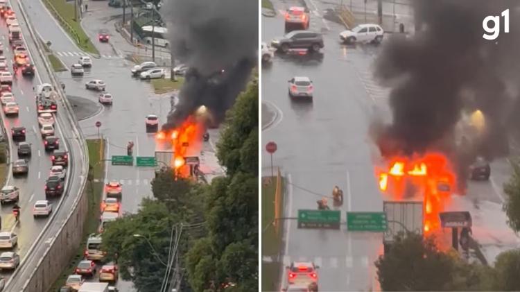 VÍDEO: Caminhão pega fogo próximo a viaduto de acesso a Caxias do Sul