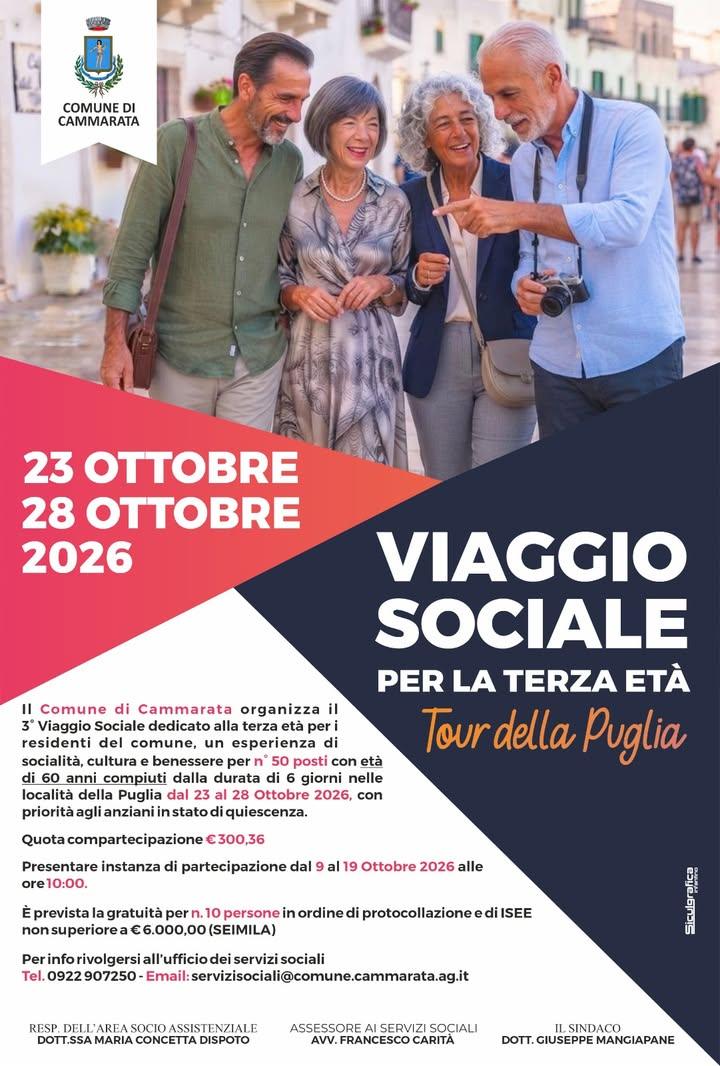 III^ VIAGGIO SOCIALE PER LA TERZA ETA' TOUR DELLA PUGLIA DA EFFETTUARSI DAL 23 AL 28 OTTOBRE 2026 Il