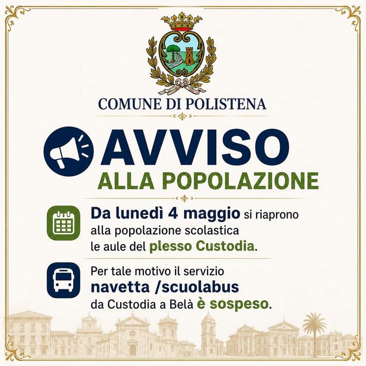 Buongiorno Polistena 🌤️ AVVISO ALLA POPOLAZIONE 📣📣📣 Da lunedì 4 maggio si riaprono alla popolazione scolastica le au...