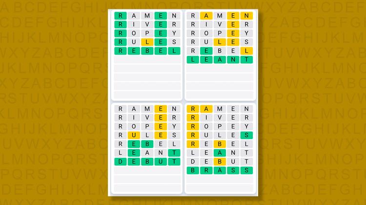 Quordle Daily Sequence answers for game 1623 on a yellow background