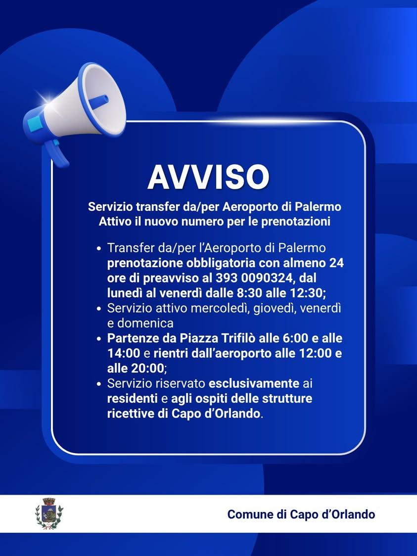 Servizio transfer da/per Aeroporto di Palermo: attivo il nuovo numero per le prenotazioni Si informa che è attivo il nuo...