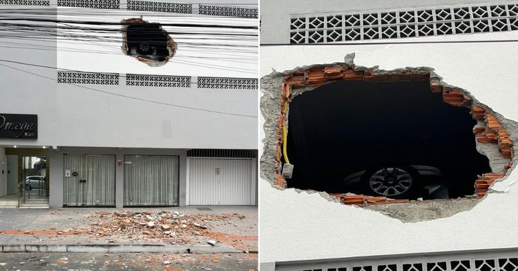 Vídeo: carro destrói muro de garagem e quase cai de prédio em Balneário Camboriú