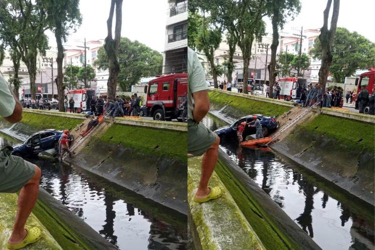 Idoso perde controle do carro e cai dentro do canal 3, em Santos; VÍDEO