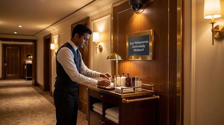 A warm, upscale hotel staff corridor featuring brass and wood accents. A uniformed staff member diligently works at a service cart. Mounted on the wall is a small, elegant screen displaying the text ‘Team Performance: Continuously Monitored,’ and a discreet surveillance camera dome is visible on the ceiling, emphasizing themes of workplace monitoring and unease beneath the polish.