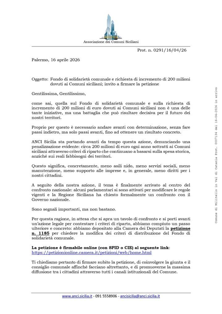 Fondo di solidarietà comunale e richiesta di incremento di 200 milioni dovuti ai Comuni siciliani; invito a firmare la p...