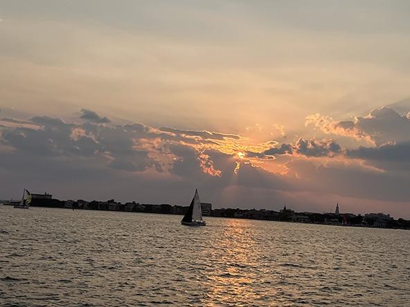 Sunset in the Charleston Harbor from the water.