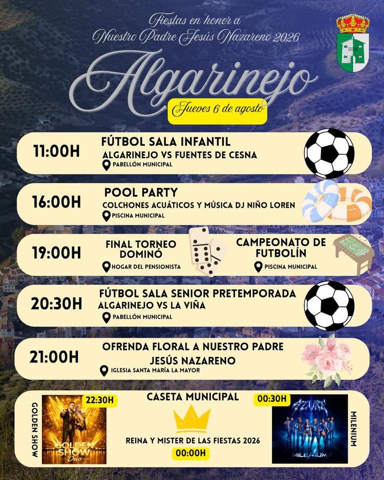 📅 JUEVES 6 DE AGOSTO | Comenzamos 🎉 ¡Hoy comienzan las Fiestas Patronales de Algarinejo 2026! Después de meses de prep...