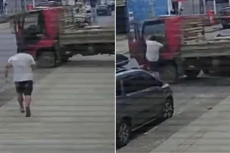 VÍDEO: Homem pula em carreta sem motorista e consegue pará-la no litoral de SP