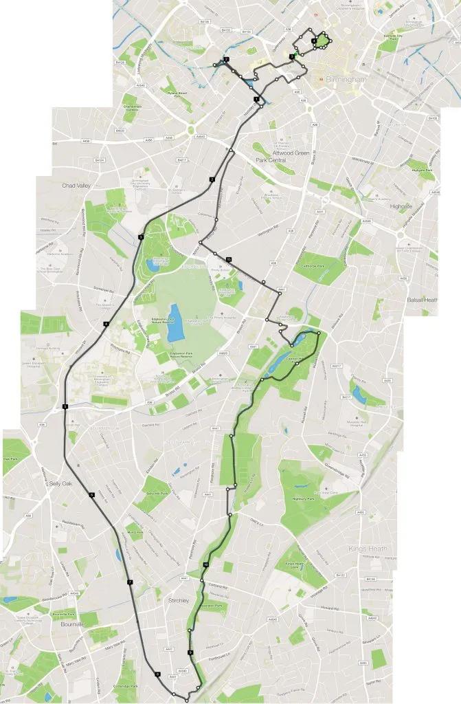 Route overview of the 21km (Half Marathon) Run Loop Birmingham
