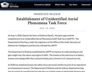 Aus der offiziellen Pressemitteilung des Pentagon zur Gründung der Unidentified Aerial Phenomena Task Force (UAPTF). Copyright: US Department of Defense