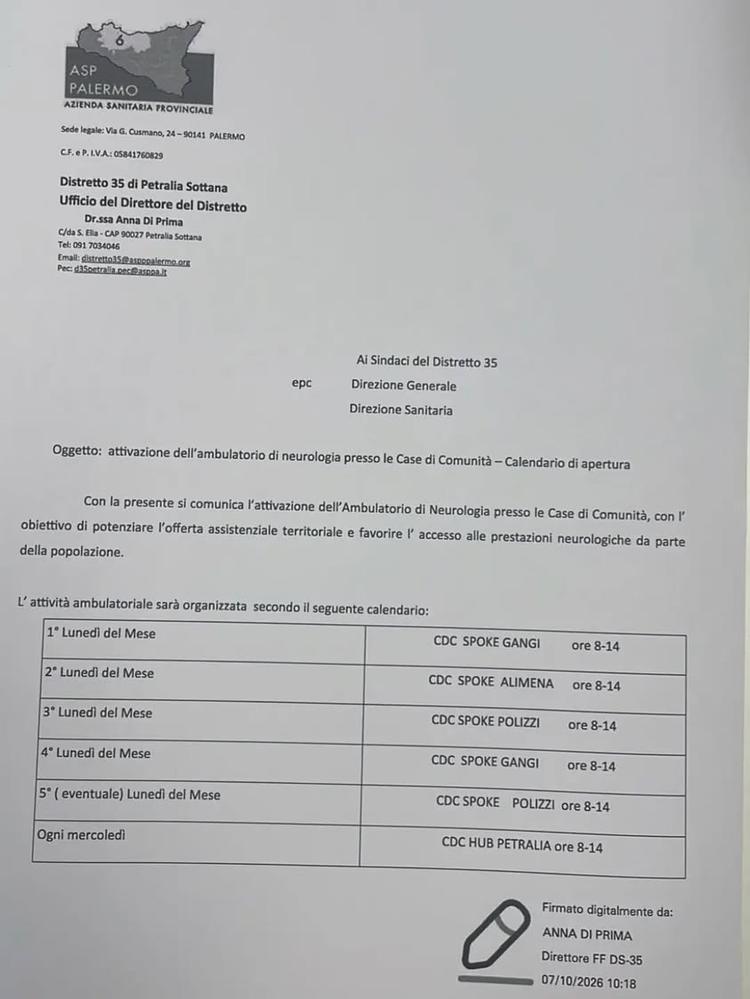🏥ATTIVAZIONE AMBULATORIO DI NEUROLOGIA presso le CASE DI COMUNITÀ🏥 ●Calendario di Aperture●⤵️