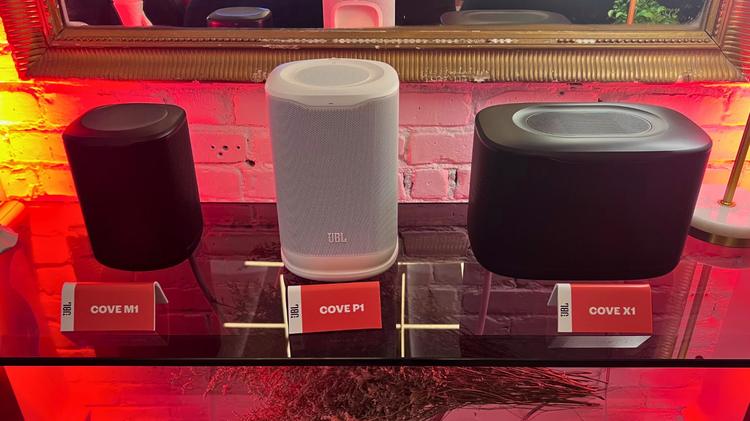 The three JBL Cove speakers on a table